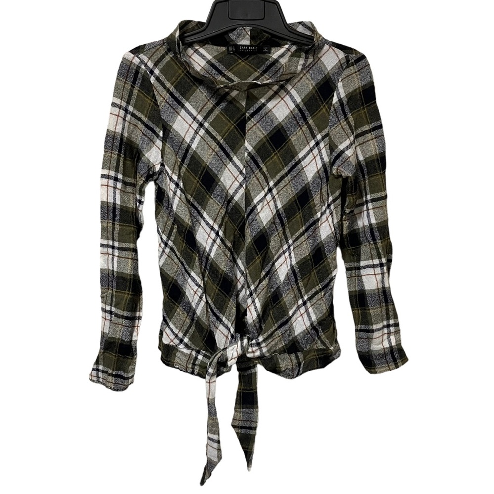 Zara Basic Plaid Front Tie Long Sleeve Top